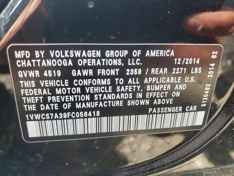 51379896 :رقم المزاد ، 1VWCS7A39FC056418 vin ، 2015 Volkswagen Passat مزاد بيع
