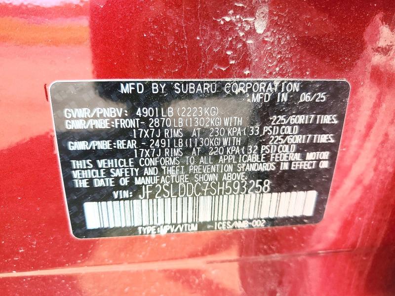 2025 Subaru Forester მანქანა იყიდება აუქციონზე, vin: JF2SLDDC7SH593258, აუქციონის ნომერი: 50683096
