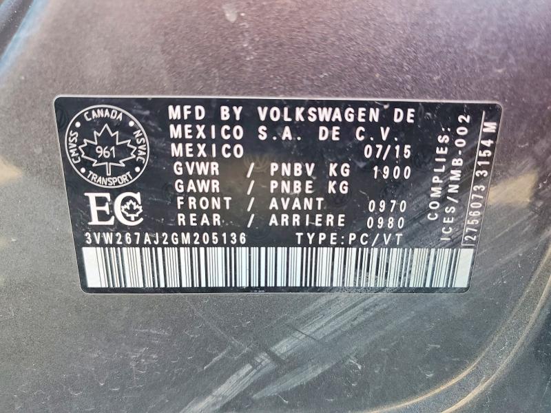 47366466 :رقم المزاد ، 3VW267AJ2GM205136 vin ، 2016 Volkswagen Jetta مزاد بيع