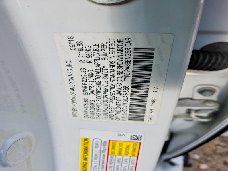 2018 Honda Accord მანქანა იყიდება აუქციონზე, vin: 1HGCV1F36JA245355, აუქციონის ნომერი: 49903946