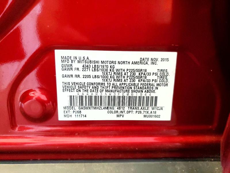 Aukcja sprzedaży 2015 Mitsubishi Outlander Sport, vin: 4A4AR3AW3FE061944, numer aukcji: 50966306