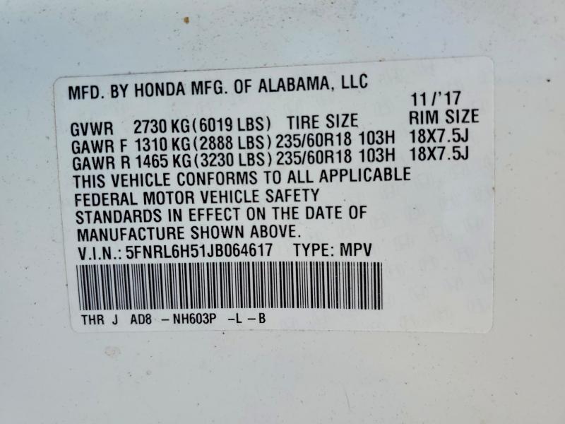 2018 Honda Odyssey მანქანა იყიდება აუქციონზე, vin: 5FNRL6H51JB064617, აუქციონის ნომერი: 49447286