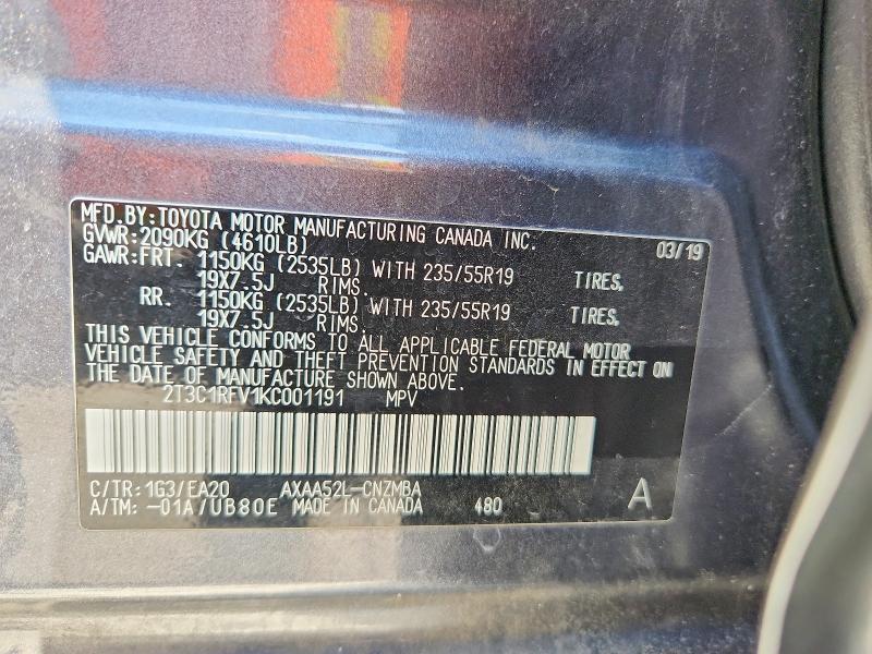 50434936 :رقم المزاد ، 2T3C1RFV1KC001191 vin ، 2019 Toyota Rav4 مزاد بيع