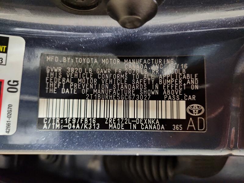 Aukcja sprzedaży 2016 Toyota Corolla, vin: 2T1BURHE5GC673027, numer aukcji: 51559776
