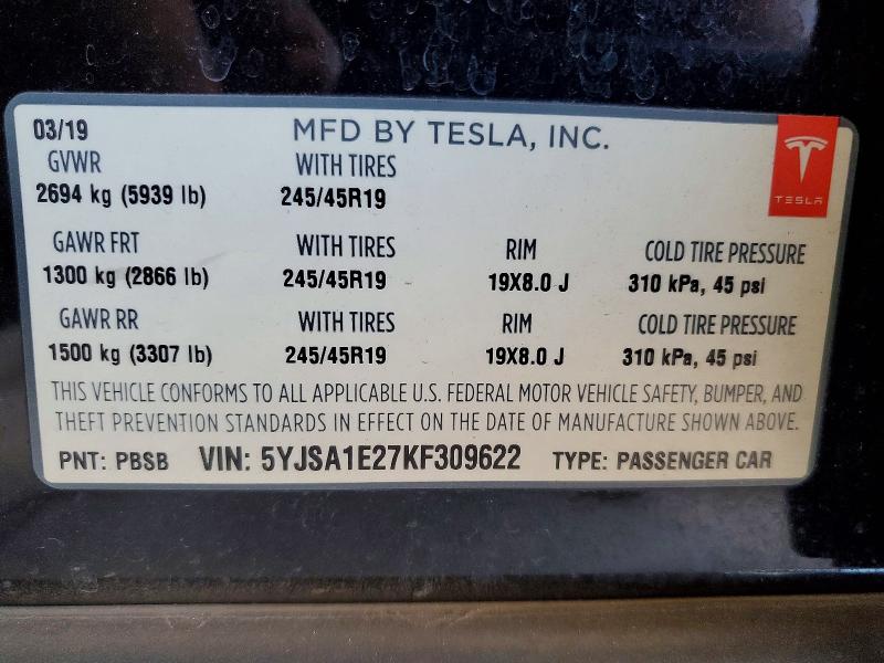 2019 Tesla Model S მანქანა იყიდება აუქციონზე, vin: 5YJSA1E27KF309622, აუქციონის ნომერი: 50652146