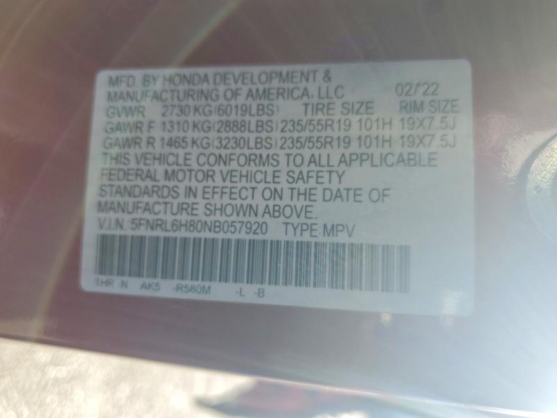 2022 Honda Odyssey მანქანა იყიდება აუქციონზე, vin: 5FNRL6H80NB057920, აუქციონის ნომერი: 49091956