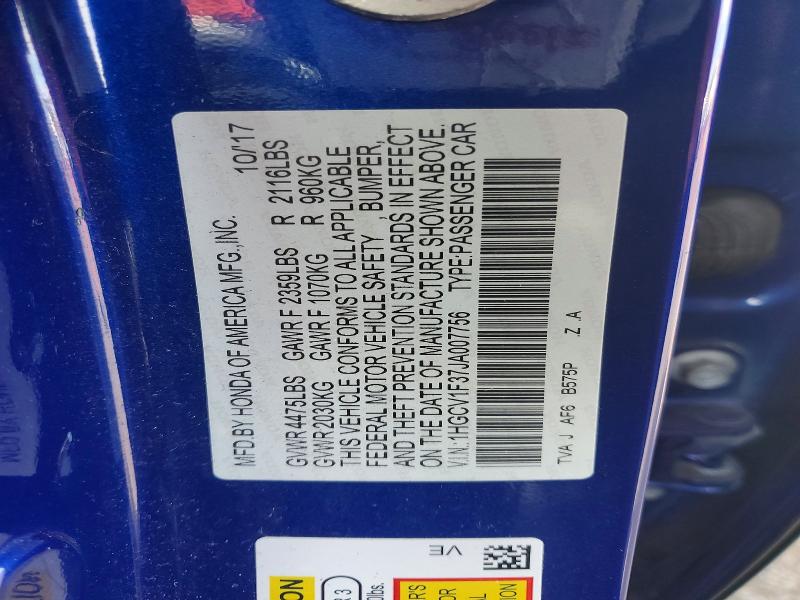 Aukcja sprzedaży 2018 Honda Accord, vin: 1HGCV1F37JA007756, numer aukcji: 51650566