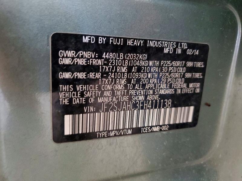 2015 Subaru Forester მანქანა იყიდება აუქციონზე, vin: JF2SJAHC3FH411138, აუქციონის ნომერი: 50070376
