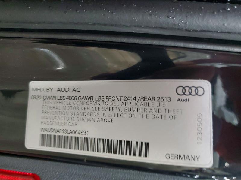 48418896 :رقم المزاد ، WAUDNAF43LA064631 vin ، 2020 Audi A4 مزاد بيع