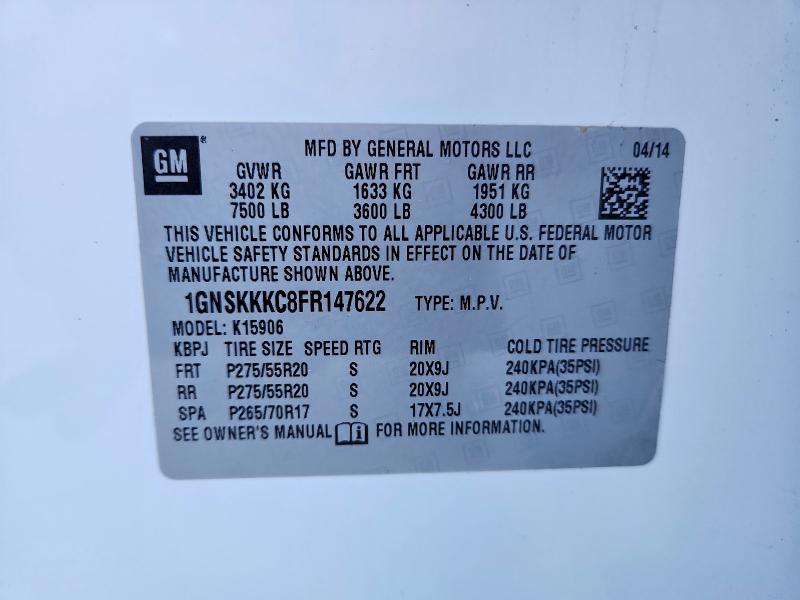 Продаж на аукціоні авто 2015 Chevrolet Suburban, vin: 1GNSKKKC8FR147622, номер лоту: 48765796