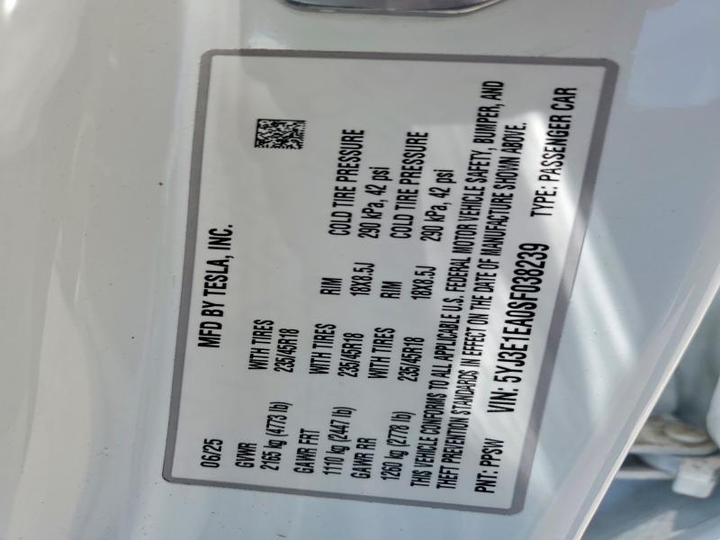 Продажа на аукционе авто 2025 Tesla Model 3, vin: 5YJ3E1EA0SF038239, номер лота: 50466046