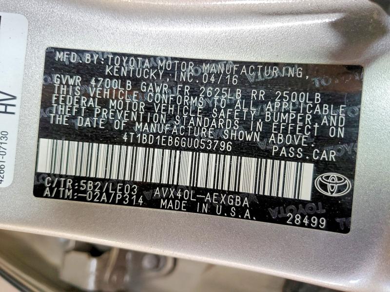2016 Toyota Avalon Hybrid მანქანა იყიდება აუქციონზე, vin: 4T1BD1EB6GU053796, აუქციონის ნომერი: 50795036