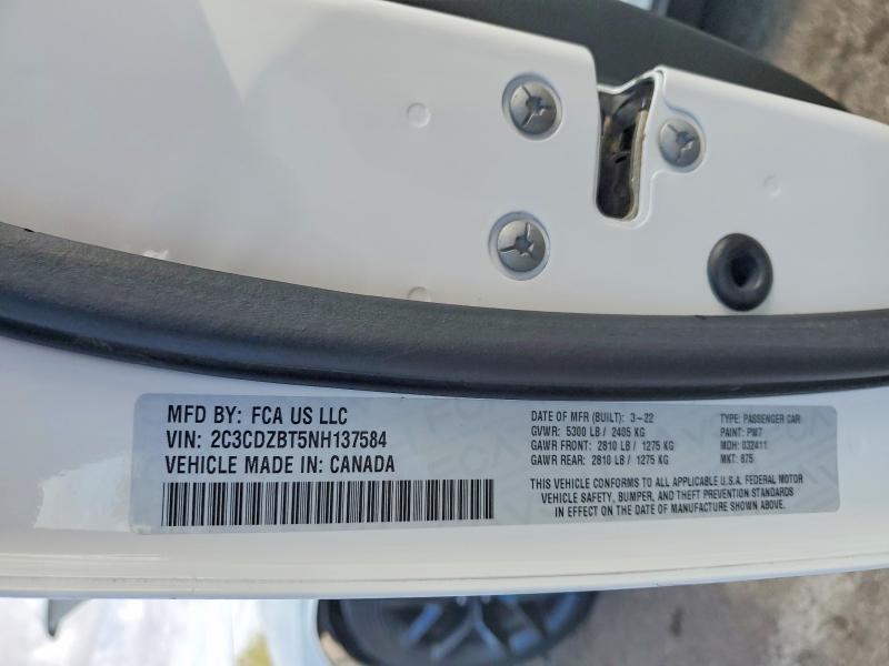 2022 Dodge Challenger მანქანა იყიდება აუქციონზე, vin: 2C3CDZBT5NH137584, აუქციონის ნომერი: 49083036