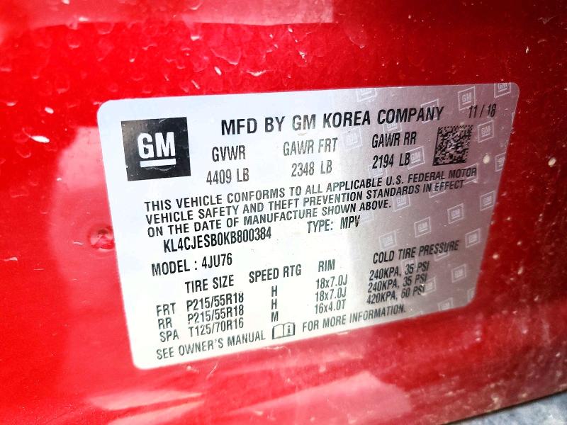 Продаж на аукціоні авто 2019 Buick Encore, vin: KL4CJESB0KB800384, номер лоту: 49059446
