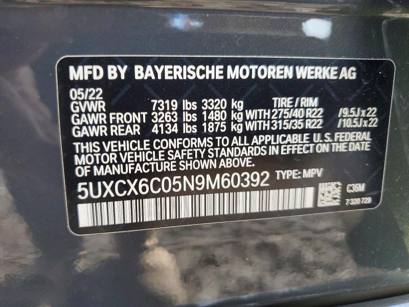 48644146 :رقم المزاد ، 5UXCX6C05N9M60392 vin ، 2022 Bmw X7 مزاد بيع