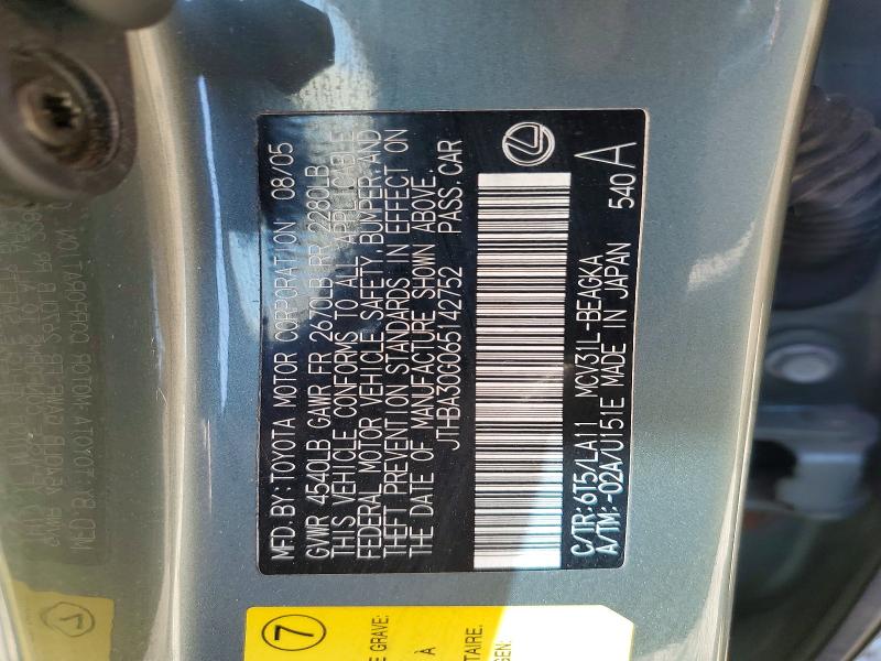 Aukcja sprzedaży 2006 Lexus Es 330, vin: JTHBA30G065142752, numer aukcji: 49065686