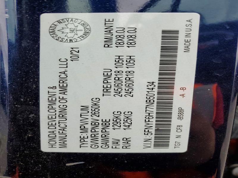 Aukcja sprzedaży 2022 Honda Pilot, vin: 5FNYF6H77NB501434, numer aukcji: 51477286