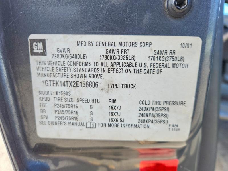 2002 Gmc Sierra 1500 მანქანა იყიდება აუქციონზე, vin: 1GTEK14TX2E156806, აუქციონის ნომერი: 49223396