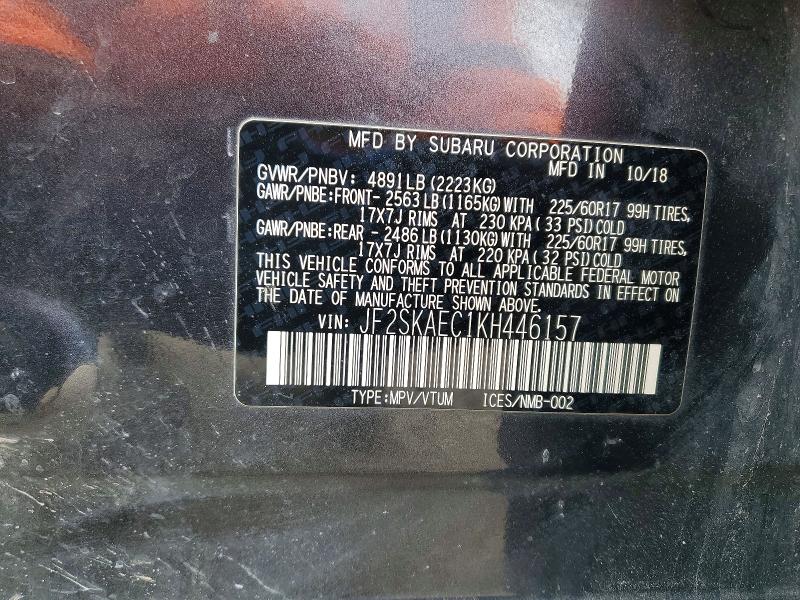 2019 Subaru Forester მანქანა იყიდება აუქციონზე, vin: JF2SKAEC1KH446157, აუქციონის ნომერი: 48103806