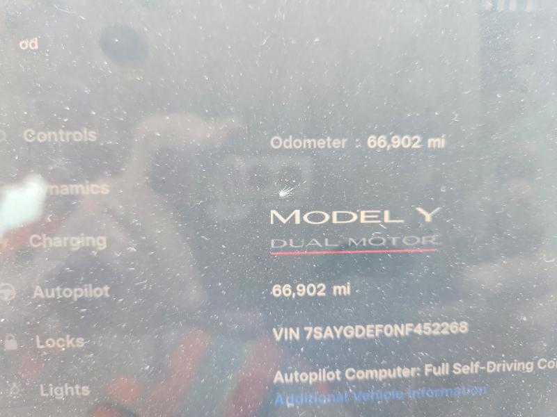 51147106 :رقم المزاد ، 7SAYGDEF0NF452268 vin ، 2022 Tesla Model Y مزاد بيع