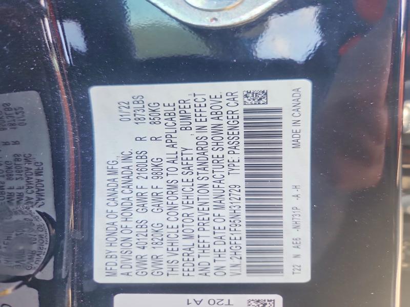 Продаж на аукціоні авто 2022 Honda Civic, vin: 2HGFE1F95NH312729, номер лоту: 49436646