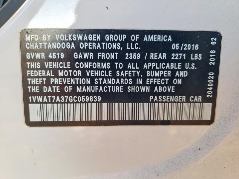 51000456 :رقم المزاد ، 1VWAT7A37GC059839 vin ، 2016 Volkswagen Passat مزاد بيع