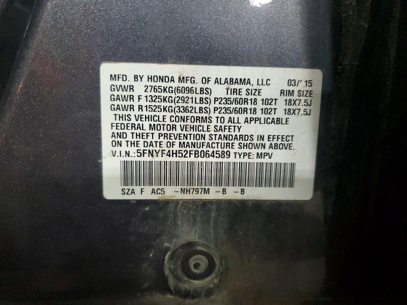 49794396 :رقم المزاد ، 5FNYF4H52FB064589 vin ، 2015 Honda Pilot مزاد بيع