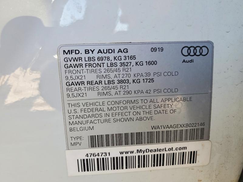 Aukcja sprzedaży 2019 Audi E-tron, vin: WA1VAAGEXKB022146, numer aukcji: 51340936