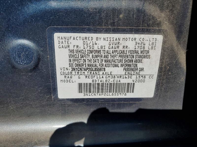 2016 Nissan Versa მანქანა იყიდება აუქციონზე, vin: 3N1CN7AP2GL855978, აუქციონის ნომერი: 51244716