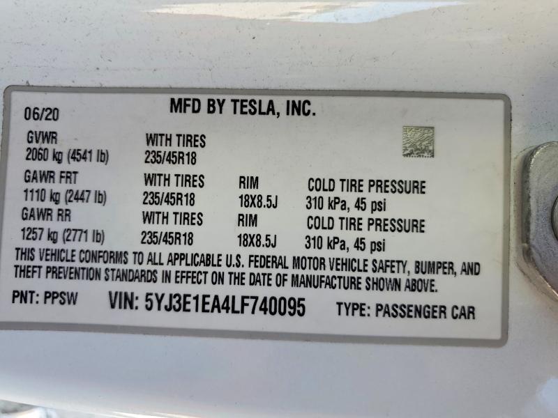 Aukcja sprzedaży 2020 Tesla Model 3, vin: 5YJ3E1EA4LF740095, numer aukcji: 49741566