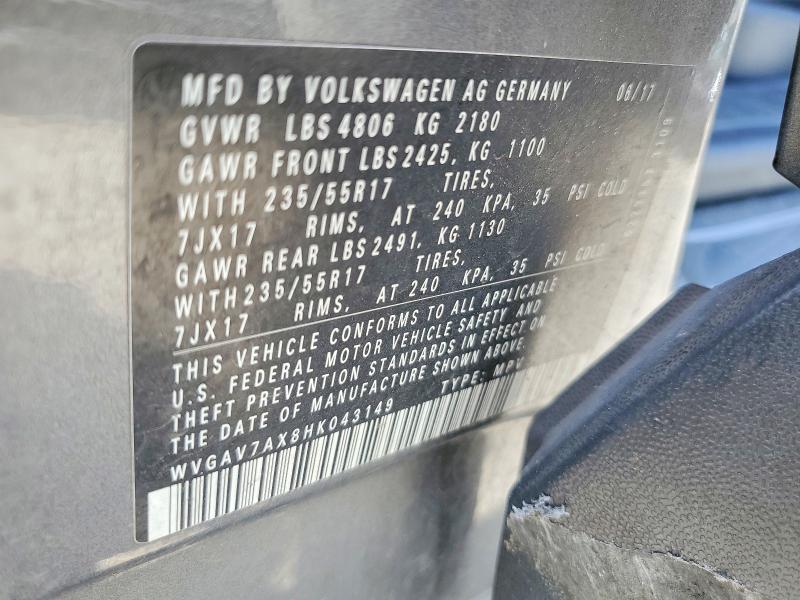 Продаж на аукціоні авто 2017 Volkswagen Tiguan, vin: WVGAV7AX8HK043149, номер лоту: 50856746