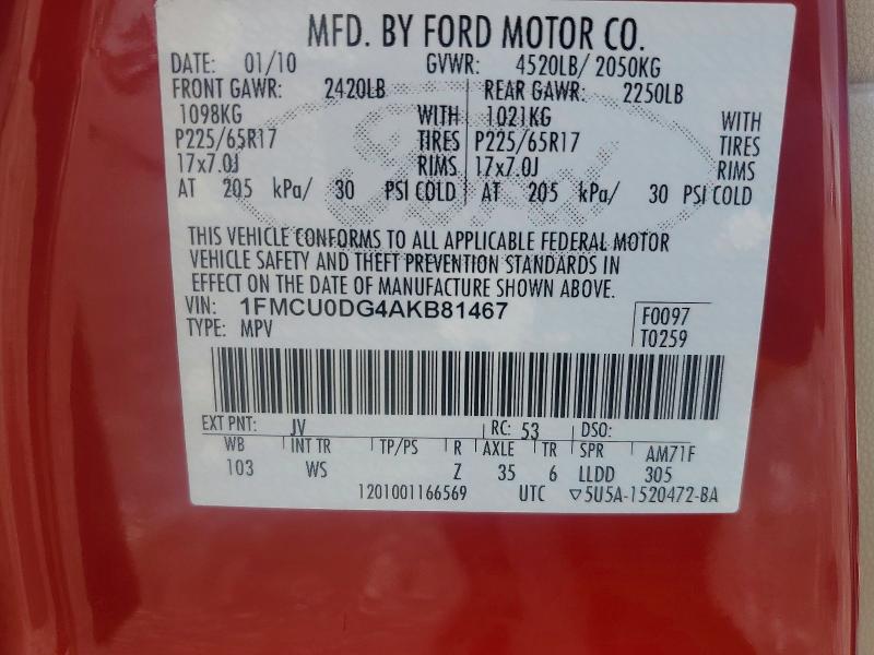 51691886 :رقم المزاد ، 1FMCU0DG4AKB81467 vin ، 2010 Ford Escape مزاد بيع