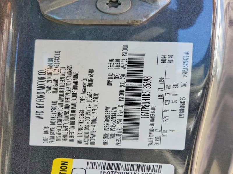 50840416 :رقم المزاد ، 1FATP8UH1K5135698 vin ، 2019 Ford Mustang مزاد بيع