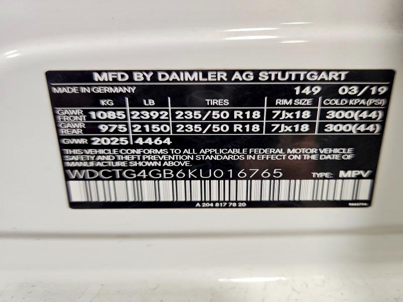 51538856 :رقم المزاد ، WDCTG4GB6KU016765 vin ، 2019 Mercedes-benz Gla مزاد بيع