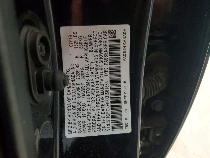 49780096 :رقم المزاد ، 2HGFC2F67KH581585 vin ، 2019 Honda Civic مزاد بيع