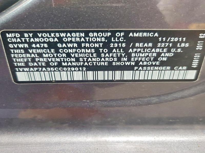 50725746 :رقم المزاد ، 1VWAP7A35CC029012 vin ، 2012 Volkswagen Passat مزاد بيع