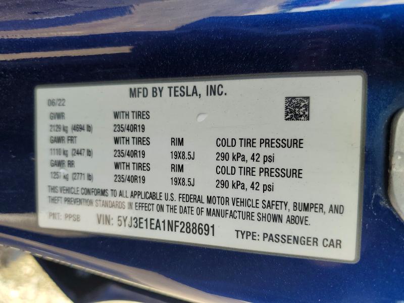 Продажа на аукционе авто 2022 Tesla Model 3, vin: 5YJ3E1EA1NF288691, номер лота: 49288996