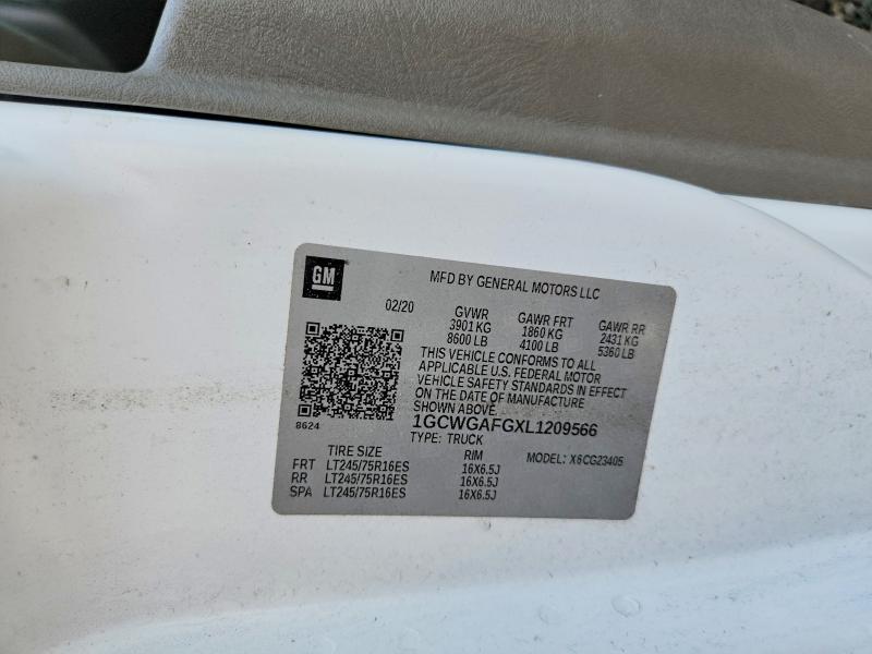 Aukcja sprzedaży 2020 Chev Express G2500, vin: 1GCWGAFGXL1209566, numer aukcji: 50998956