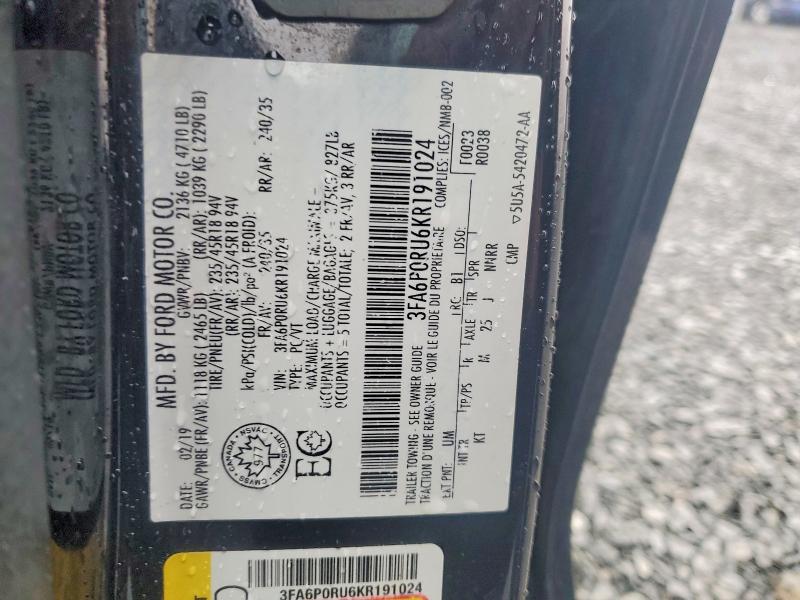 Продажа на аукционе авто 2019 Ford Fusion, vin: 3FA6P0RU6KR191024, номер лота: 47393196