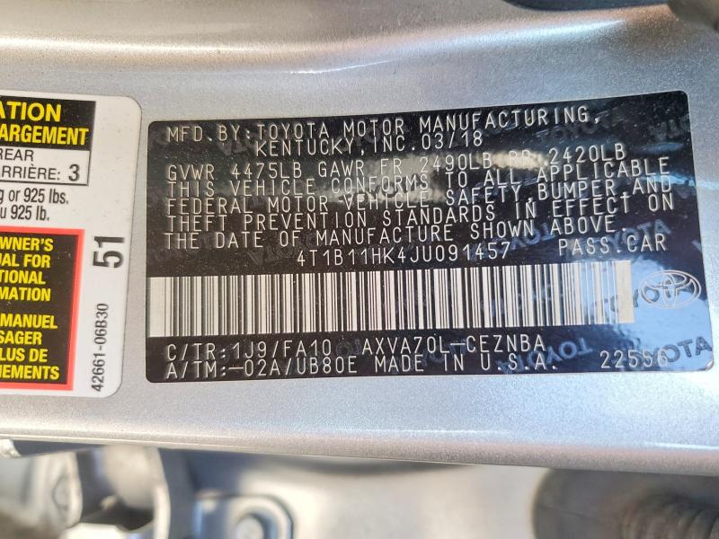 2018 Toyota Camry მანქანა იყიდება აუქციონზე, vin: 4T1B11HK4JU091457, აუქციონის ნომერი: 48777676