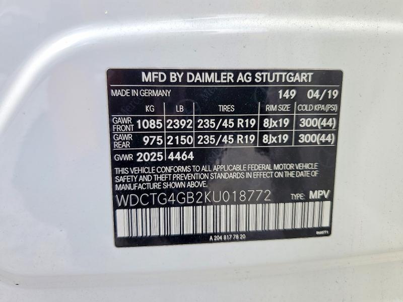 49893506 :رقم المزاد ، WDCTG4GB2KU018772 vin ، 2019 Mercedes-benz Gla مزاد بيع