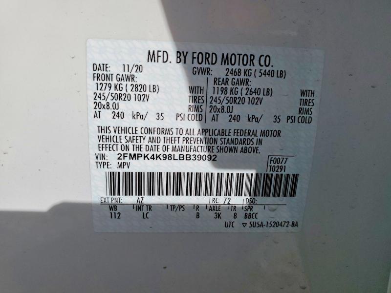 49343316 :رقم المزاد ، 2FMPK4K98LBB39092 vin ، 2020 Ford Edge مزاد بيع