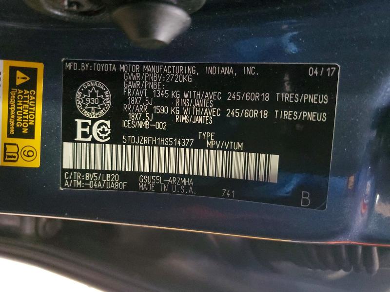 Продаж на аукціоні авто 2017 Toyota Highlander, vin: 5TDJZRFH1HS514377, номер лоту: 50228106