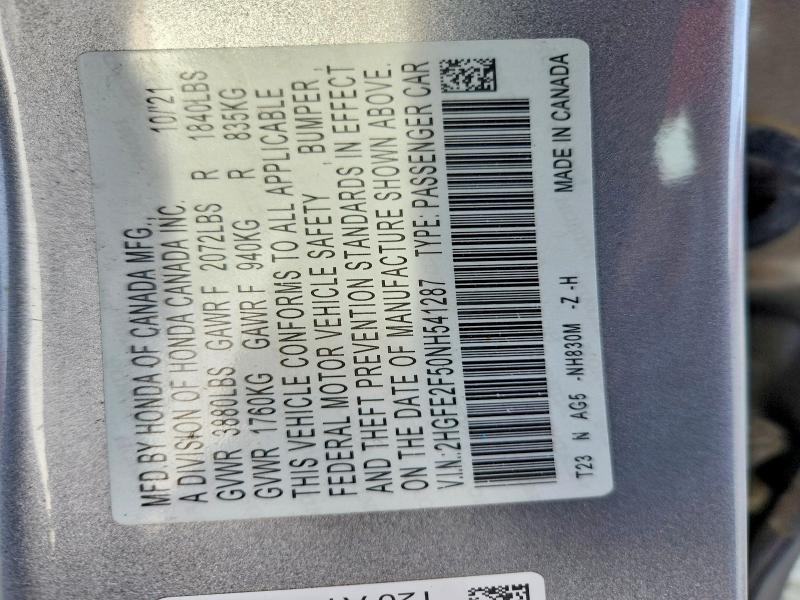 49602456 :رقم المزاد ، 2HGFE2F50NH541287 vin ، 2022 Honda Civic مزاد بيع
