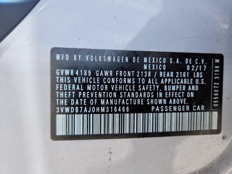 2017 Volkswagen Jetta მანქანა იყიდება აუქციონზე, vin: 3VWDB7AJ0HM316466, აუქციონის ნომერი: 50572336