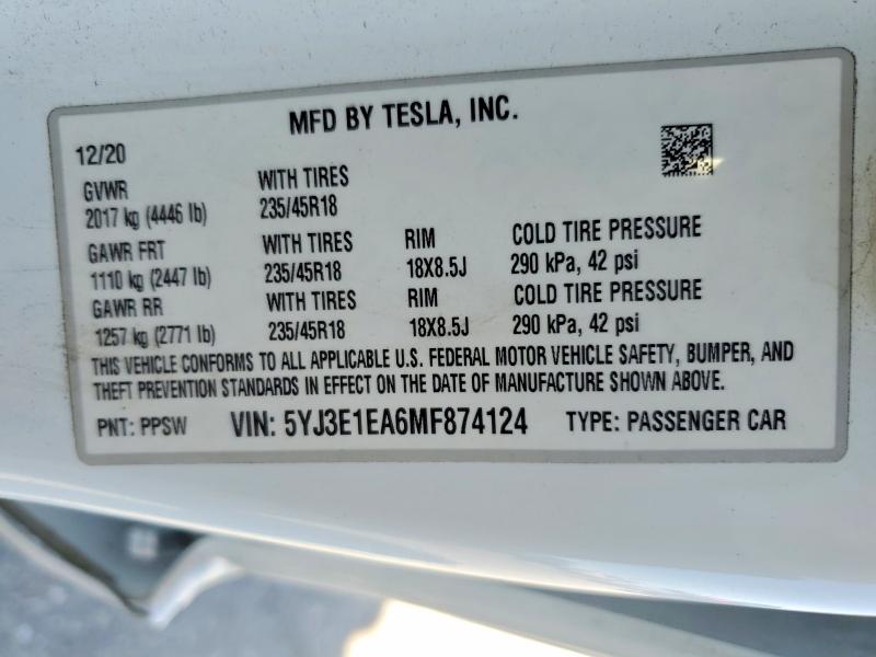 2021 Tesla Model 3 მანქანა იყიდება აუქციონზე, vin: 5YJ3E1EA6MF874124, აუქციონის ნომერი: 49989566