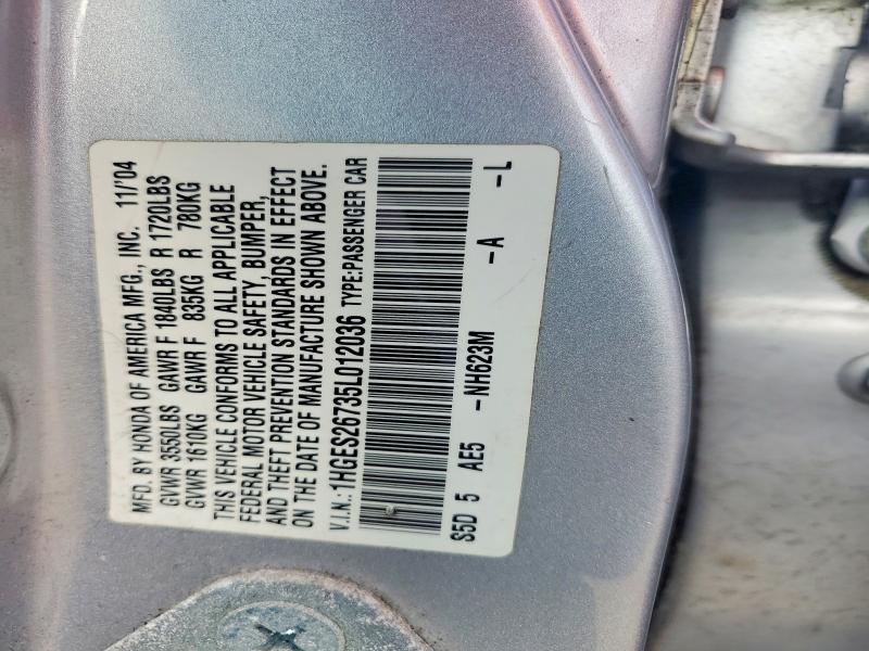 47293906 :رقم المزاد ، 1HGES26735L012036 vin ، 2005 Honda Civic مزاد بيع