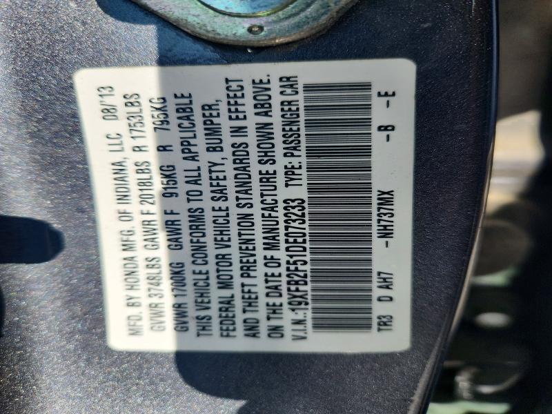 Продаж на аукціоні авто 2013 Honda Civic, vin: 19XFB2F51DE073233, номер лоту: 50414416