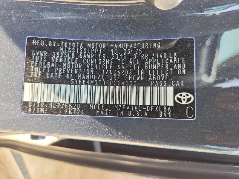 2025 Toyota Corolla მანქანა იყიდება აუქციონზე, vin: 5YFB4MDE9SP334000, აუქციონის ნომერი: 51671096