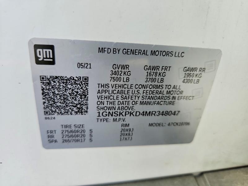 79925025 :رقم المزاد ، 1GNSKPKD4MR348047 vin ، 2021 Chevrolet Tahoe مزاد بيع